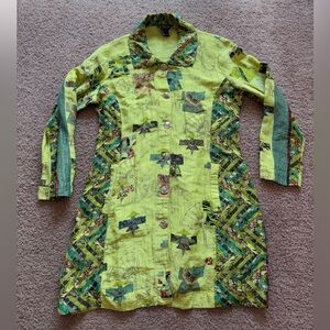 citron linen silk blend long sleeve button up medium asian art deco lime green